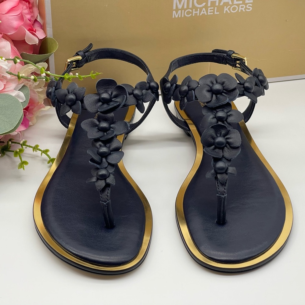 Michael Kors Thong Admiral Blue Leather Sandal Floral Accents - Picture 6 of 16